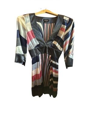 bebe Multicolor Satin Striped V-Neck Dress - Navy, Pink, Cream, Gray 100% Silk